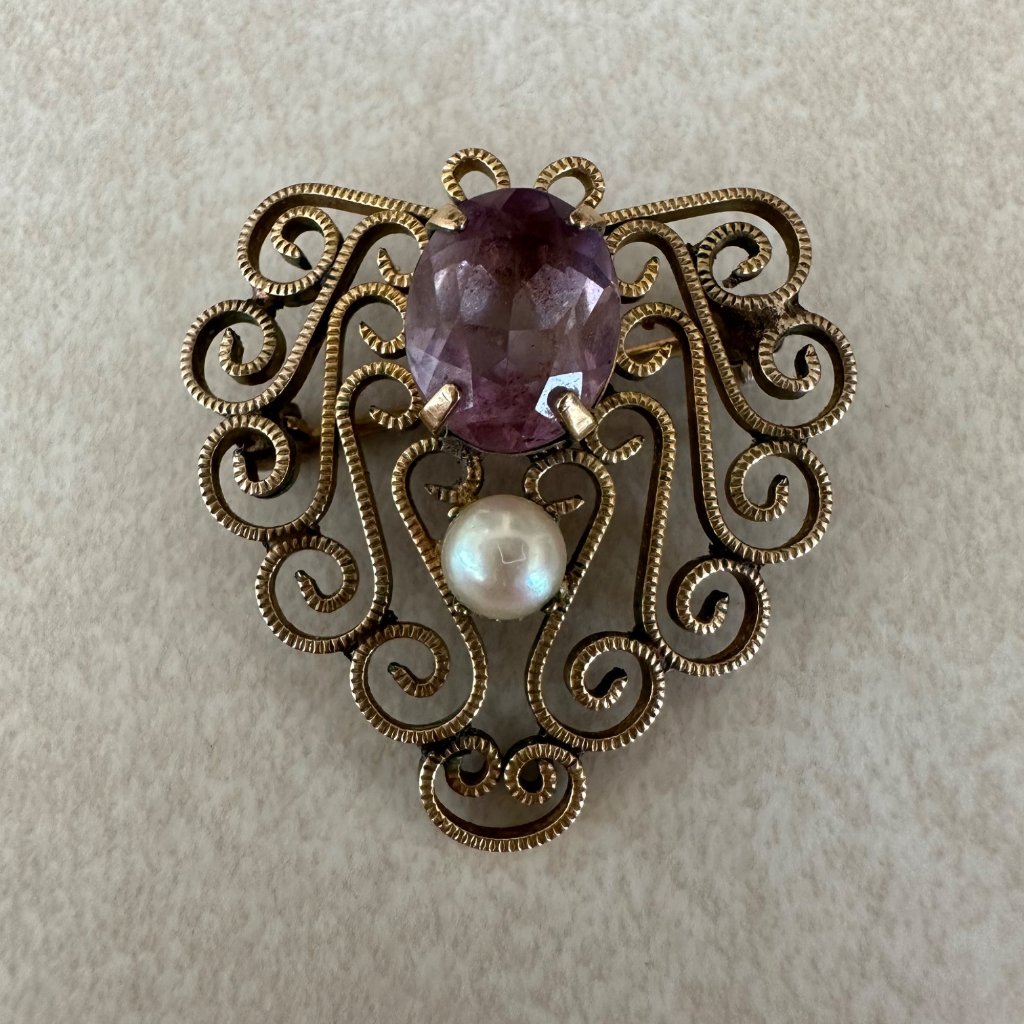 Winard Signed 12kt Gold Filled Genuine Pearl Real Amethyst Pin Brooch Pendant